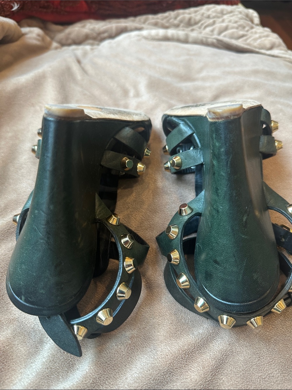 Balenciaga Olive Green Studded Wedge Sandals - Picture 10 of 12